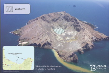 Photo of Whakaari/White Island from 2004, showing the marked vent area. 