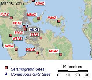 Map showing the locations of the seismic stations in Auckland