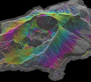 Hi-resolution interferogram showing deformation around the active vent area from September 2022. Each of the coloured contours represents 15 mm of subsidence near the active vent. 