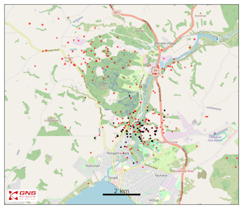 Map showing earthquakes located over the past year (red dots) with earthquakes located since yesterday (black dots) in the Taupō area, with the maximum being M2.9