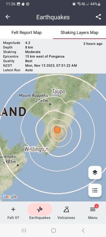 GeoNet app Shaking Layers map of Pongaroa 4.2M earthquake