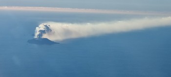 Figure 1. This image captured on Thursday (July 4th) shows the low-level plume of gas and vapour drifting eastwards from Whakaari/White Island, Photo supplied: Chris Clark  