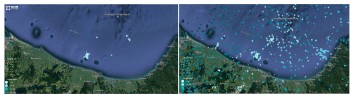 Earthquakes located in the Bay of Plenty over the past week (left) compared with earthquakes located over the past year (right). The darker coloured dots are deeper earthquakes, and larger dots are bigger earthquakes. 