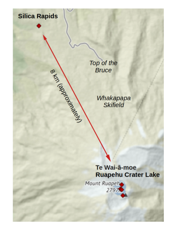 Silica Rapids is about 8 km “downhill” from Te Wai-ā-moe (Ruapehu Crater Lake), the main surface feature of Ruapehu’s hydrothermal system. The diamond symbols are the water sampling locations GeoNet has on Ruapehu. 