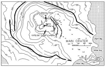 Figure 1. Sketch map of the crater area showing the position of the vents and ground deformation contours (in mm).