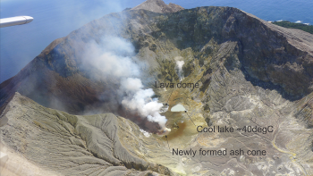The main steam and gas plume is coming from the ash cone occupying the previous hot lake crater. The small lake to the north is the cool lake and the lava dome crater is partially hidden under the steam plume to the left of the cool lake.