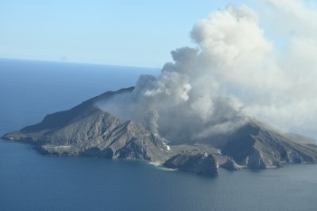 Figure 2. Picture of the minor ash emission from the active vent that is feeding the plume from Whakaari/White Island during Wednesday’s gas flight (14/08/24). 