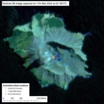 Sentinal-2 false colour image showing Whakaari/White Island. The bright colour spot is the active vent area. 