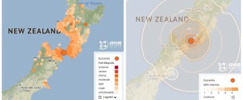 Felt reports received (left) and Shaking Layers Map (right) from the M5.7 Cook Strait earthquake  