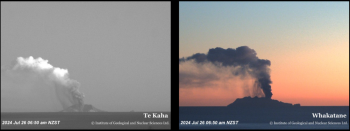 Figure 1. Ash emission views from Te Kaha and Whakatane. Ash is seen falling from the downwind part of the plume to the left (west) of the main plume.