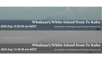 Parts of two consecutive images of Whakaari/White Island from Te Kaha showing the offset between daytime and night-time images.