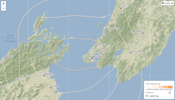 An example of PGA values for an earthquake in Cook Strait in October 2024.