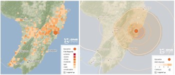 Felt reports received (left) and Shaking Layers Map (right) from the M4.8 Pōrangahau earthquake. 