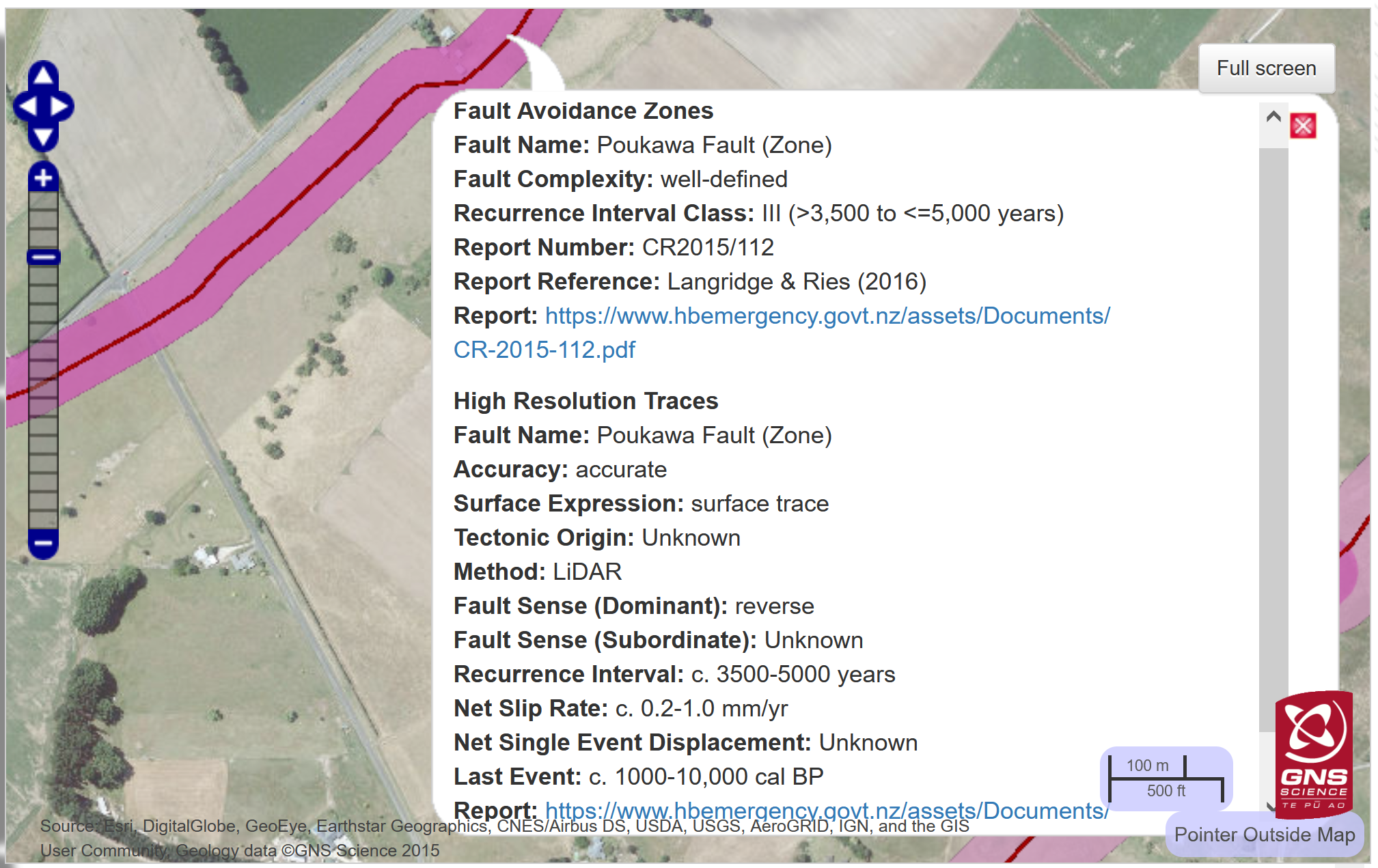 Zoomed in view of the high-resolution layers on the New Zealand Active Faults Database (NZAFD) webmap, showing a pop-up containing attributes for the Fault Avoidance Zones and high-resolution surface traces