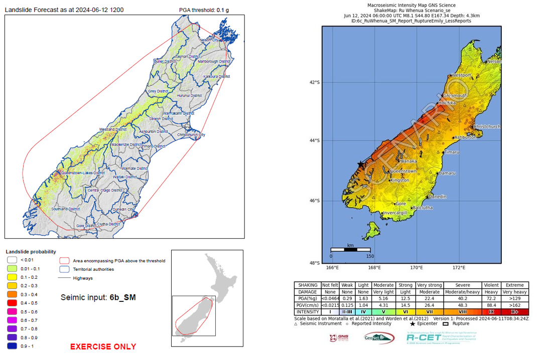 RCET powered landslide hindcast map and Shaking Layers map produced for the Rū Whenua exercise