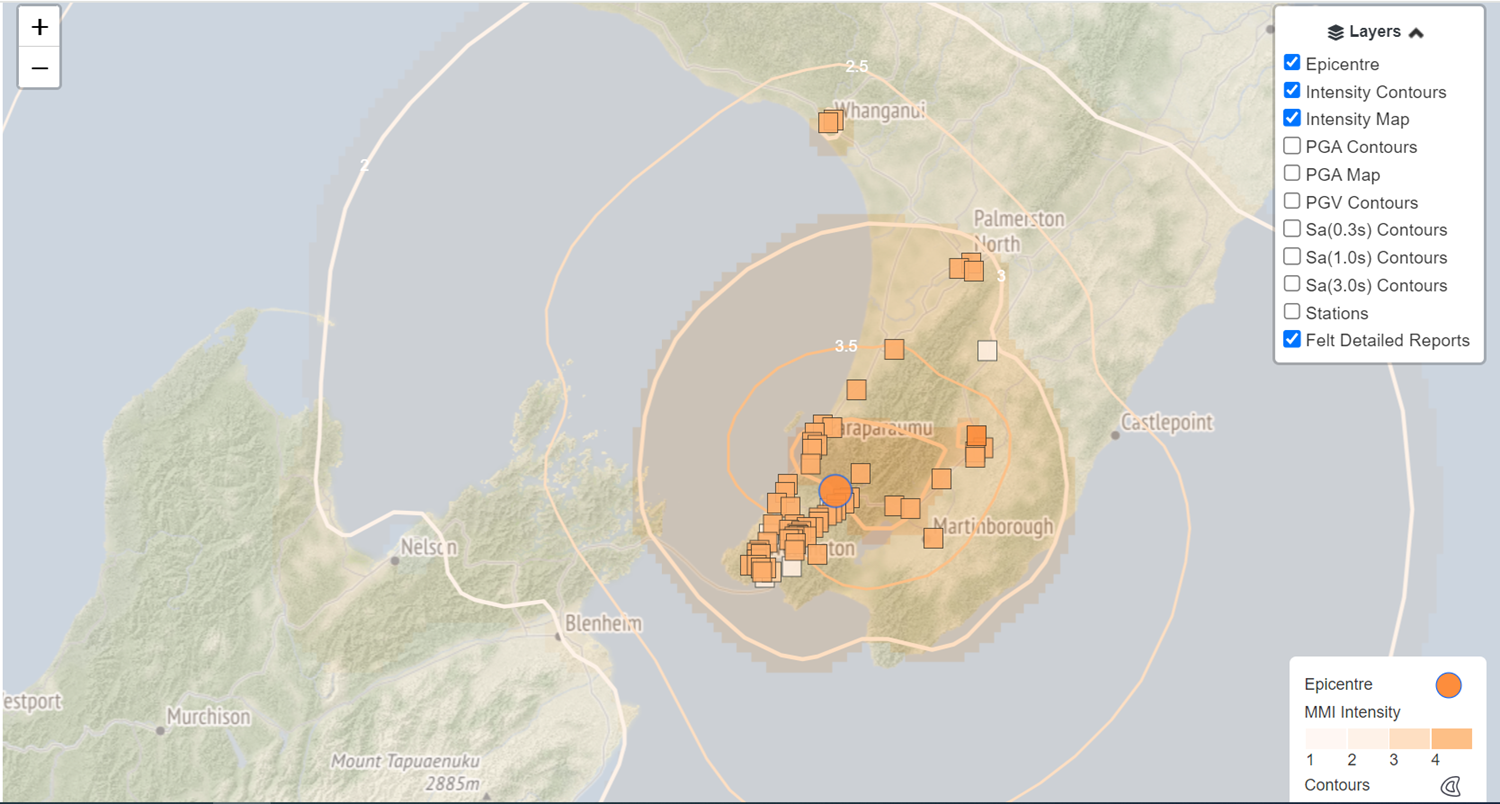 An example of how Felt Detailed felt reports are being used in Shaking Layers. For a magnitude 4.7 earthquake that occurred on 29 February 2024 in Upper Hutt. 