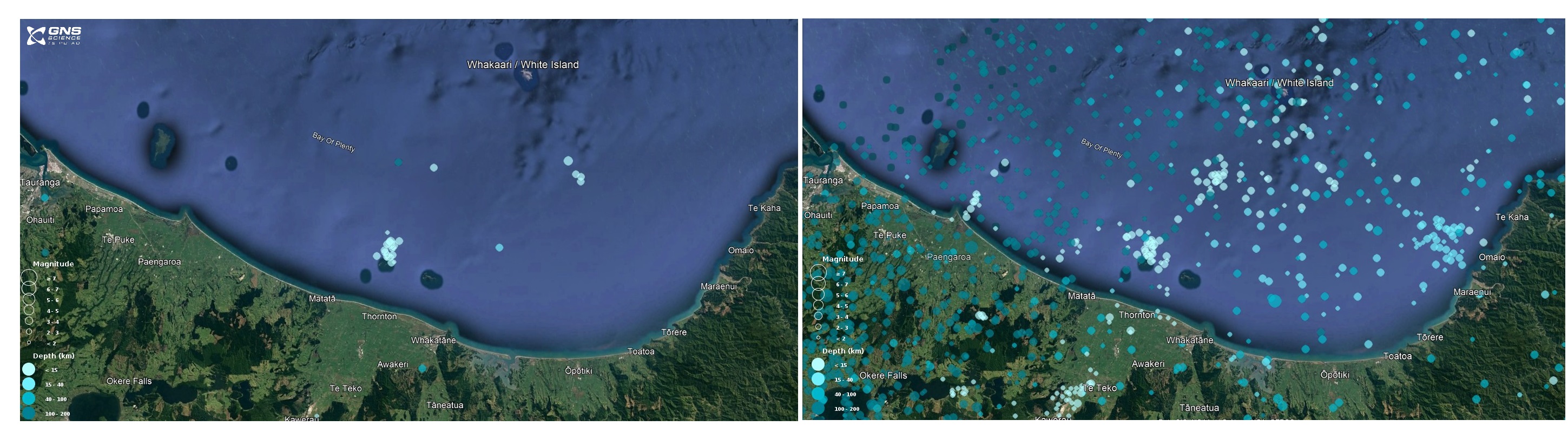 Earthquakes located in the Bay of Plenty over the past week (left) compared with earthquakes located over the past year (right). The darker coloured dots are deeper earthquakes, and larger dots are bigger earthquakes. 