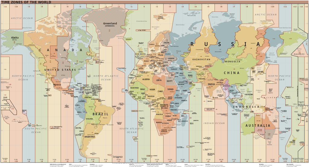 The world’s time zones. There are 24 main zones and quite a few odd balls that are a fraction of an hour. Source: Wikimedia Commons.