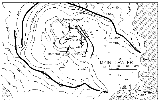 Figure 1. Sketch map of the crater area showing the position of the vents and ground deformation contours (in mm).