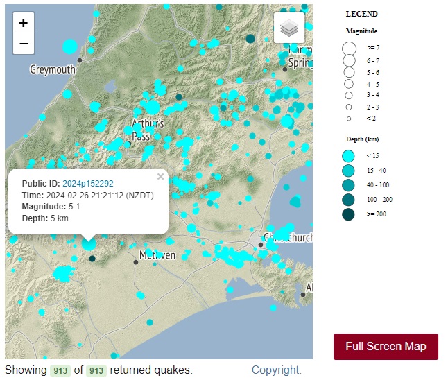 Example of ‘show on map’ view allowing you to select earthquakes for more information.  