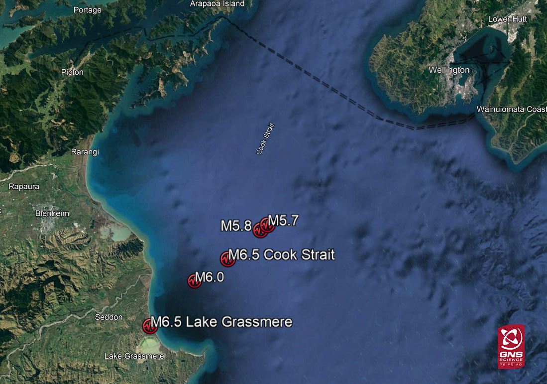Locations of the five largest quakes