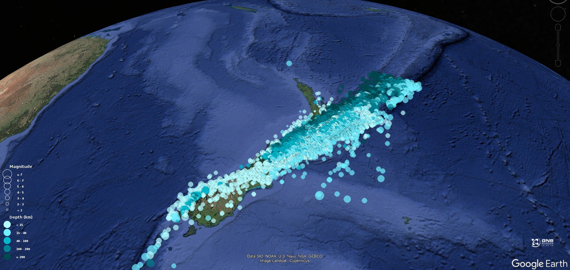 Earthquakes located by GeoNet in 2023