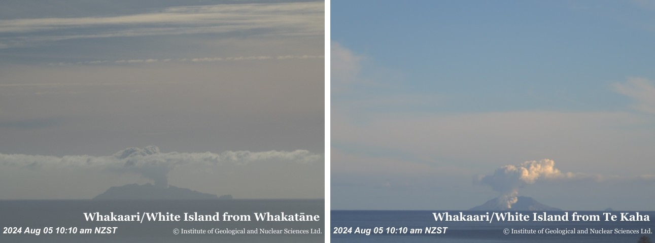 Images from the two GeoNet cameras looking at White Island/Whakaari showing how the steam and gas plume varies with viewing angle. 