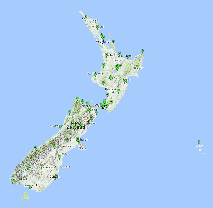 Map showing location of PositioNZ sites (P pins) and GeoNet sites (G pins) providing data streams through the PositioNZ-RT service. Image from http://apps.linz.govt.nz/positionz/rt/index.php.
