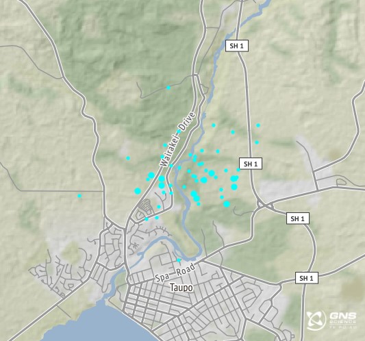 Location of earthquakes located in Taupō since Thursday 