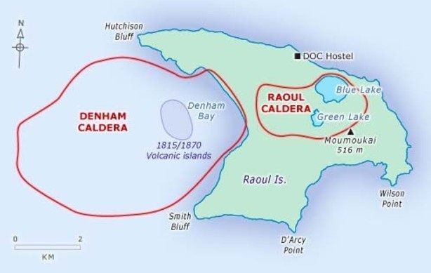 Simplified map of Raoul Island showing the outline of the two calderas.    