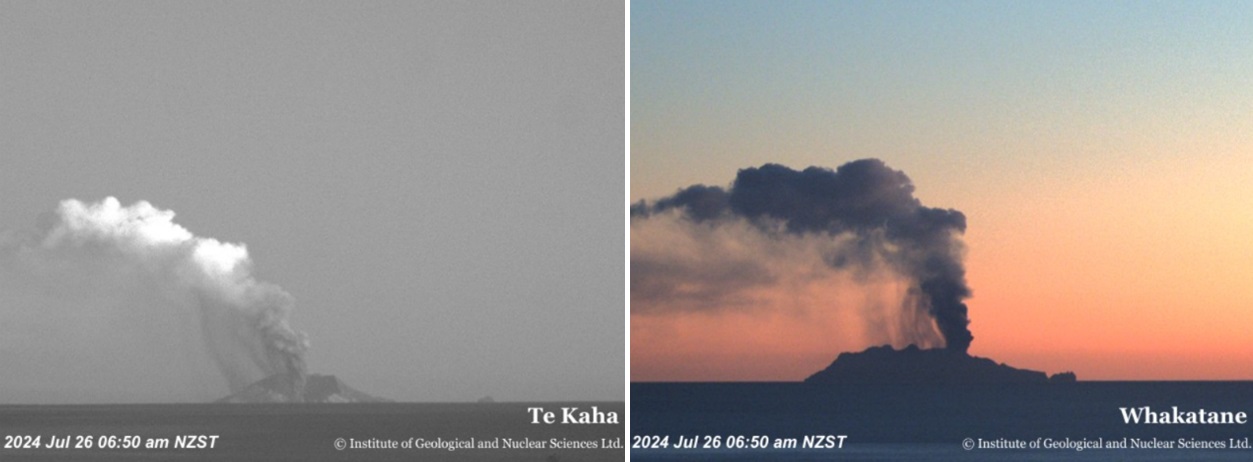 Ash emission views from our Te Kaha and Whakatane cameras. Ash is seen falling from the downwind part of the plume near the volcano to the left (west) of the main plume.